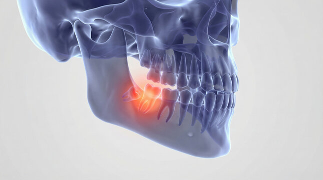 Impacted Wisdom Tooth Causing Dental Pain, a Translucent 3D Medical Illustration of the Human Jaw and Teeth