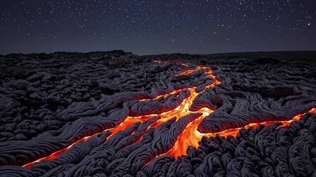 glowing lava river through ropy pahoehoe under starry sky, molten channels carving dark basalt crust, intense orange glow against black folds, textured rope formations, remote volcanic nightscape