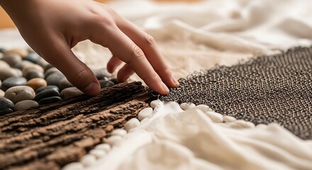Human hand carefully arranging various natural and crafted textures for an assembly project