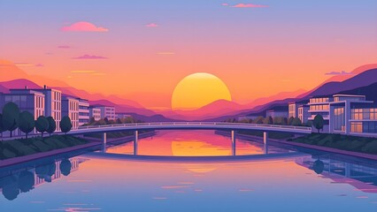 A smooth modern cityscape at sunset, featuring a bridge over a calm river, contemporary buildings along the waterfront, small hills in the background, clean and sleek design