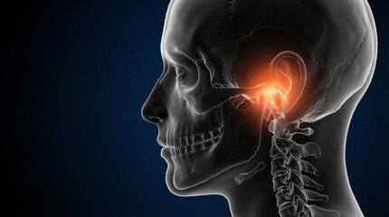 Obraz premium Temporomandibular Joint Pain, a Detailed 3D Medical Illustration of Human Skull and Jaw Anatomy, Highlighting the Affected Area