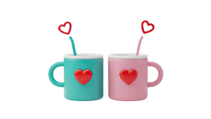 Two Mugs with Heart Decorations and Straws