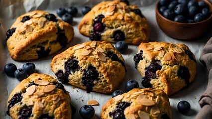 Golden baked blueberry scones topped with sliced almonds and fresh berries