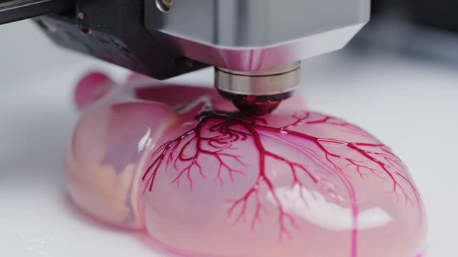 Futuristic medical visualization of bioprinter nozzle precisely layering pink and red bio ink to form translucent vascular heart tissue sterile clinical lab soft white lighting slow cinematic movement