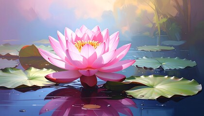 A vibrant pink lotus blossom floats on serene, reflective water