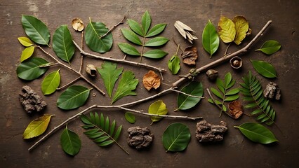 Assortment of Green Leaves Twigs and Pine Cones on a Rustic Background.