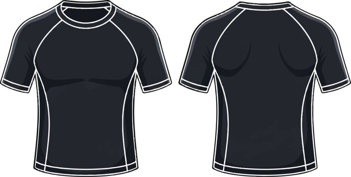 Two views of a plain dark gray short-sleeve rash guard or sports shirt, front and back design
