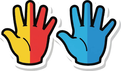 Fototapeta premium Two stylized open palms, one half yellow half red, the other blue, with thick outlines
