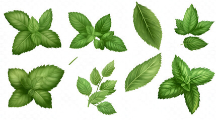 Fresh mint leaves scattered on white background with detailed botanical illustration style