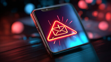A smartphone displays a neon warning sign for spam email on its screen at night