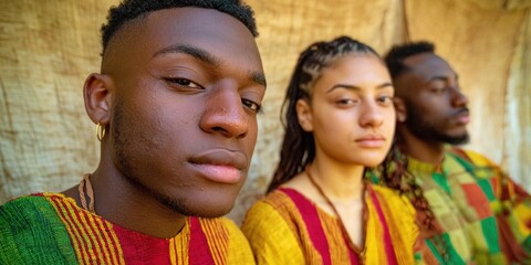 Obraz premium Authentic Kwanzaa Gathering Modern Black Models in Cultural Attire for Reflective Holiday Marketing and Content