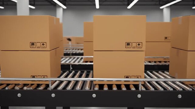 Cardboard boxes with shipping symbols moving along a modern conveyor belt system in a large industrial warehouse.
