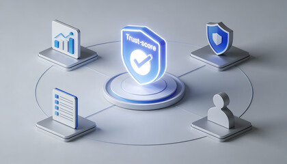 3D digital illustration of a digital trust score concept featuring a glowing blue shield with a checkmark icon surrounded by analytics charts security protection and user symbols