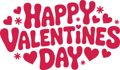 Playful Happy Valentines Day text in a bubbly red font accented with small hearts and whimsical starbursts