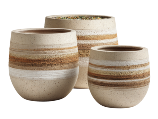 Three striped ceramic pots, varied sizes and heights