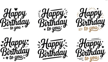 Fototapeta premium Six elegant Happy Birthday to you handwritten lettering designs featuring various subtle decorative elements
