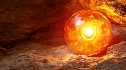 A mysterious glowing orange orb rests on a rocky surface within a dark cave