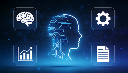 3D digital illustration of artificial intelligence human brain augmentation featuring a glowing circuit profile connected to automation gears data analytics and document management icons