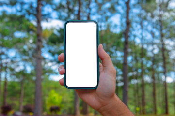 Man holding phone blank screen in the garden, outdoor. Phone mockup