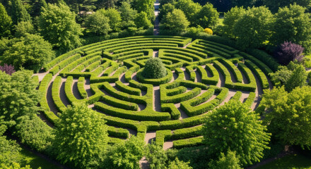 An aerial perspective of a circular hedge maze surrounded by vibrant green trees, revealing pathways and a central focal point