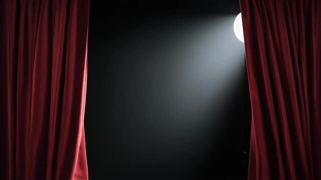 Red stage curtains opening with spotlight on dark background.