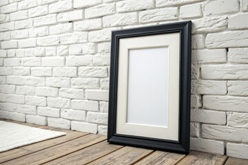 Mockup of a vintage poster frame on a white brick wall. Perfect for interior design, decoration, advertising, gallery displays, office spaces, or showcasing art and creative concepts.