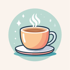 Obraz premium Illustration of a steaming cup of coffee on a saucer, with a light blue background and sparkling stars.