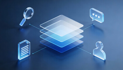 3D digital illustration of a transparent layered data stack representing explainable artificial intelligence connected to magnifying glass search chat bubble document and user profile icons