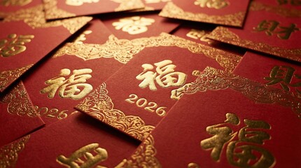A luxurious close-up texture of piled Chinese New Year red envelopes (hongbao) with gold foil details, symbolizing luck and wealth for the Year of the Horse 2026.