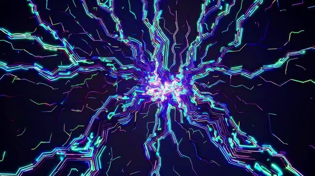 neon lightning burst with branching circuits, electric tendrils radiate from central node across dark grid, glitch colors shift from teal to magenta, energetic pulses simulate neural network and data