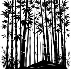 Fototapeta premium Solid black silhouette of a bamboo forest with thin, tall stalks, white background.