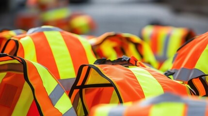 A pile of bright orange and yellow reflective safety vests