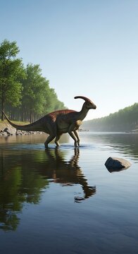 Majestic Parasaurolophus dinosaur reflected in a prehistoric river.