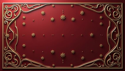 Luxurious 3d abstract ornament background with intricate golden filigree and embossed stars on a deep red matte surface.