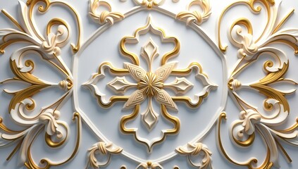 Luxurious 3d ramadan ornament: intricate gold and white swirls and geometric patterns
