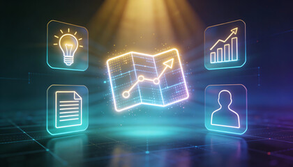 cinematic digital illustration of a glowing business strategy map with upward arrow chart surrounded by icons for creative idea lightbulb document data and user profile