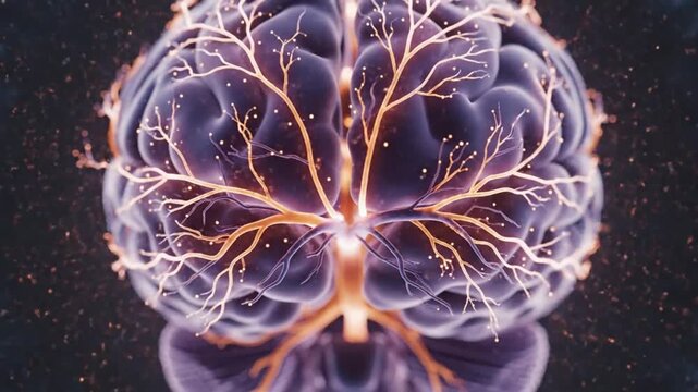 Visual exploration of the intricate sagittal section of a human brain with neural connections and glowing veins.