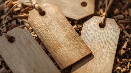 Fototapeta premium Macro Shot of Blank Wood Shaving Tags with Natural Timber Texture