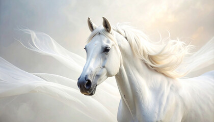 A majestic white equine head emerges from flowing, textured, pale-toned wisps, evoking movement and grace in a serene atmosphere