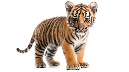 Fototapeta premium Young Tiger Cub Standing on White Background with Striped Fur and Alert Expression in Natural Lighting