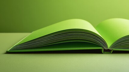 A book opened to a vibrant green page resting neatly on a clean tabletop. Soft shadows fall around the edges, emphasizing the smooth and vivid color of the paper.