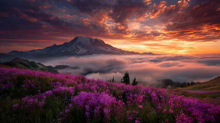 Obraz premium Majestic Mountain Sunrise Over Sea of Clouds and Wildflowers