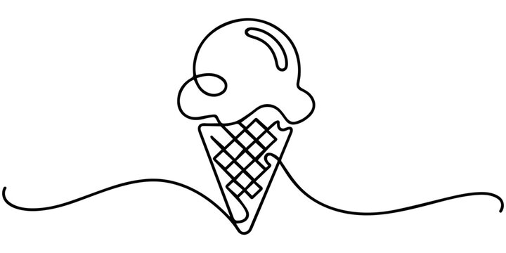 Minimalist one line drawing of ice cream cone with three scoops, Ice cream, gelato one line vector sketch, continuous outline illustration. one line Icon drawing, Continuous one line art drawing
