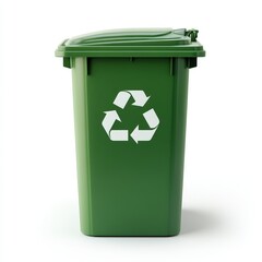 A green recycling container placed upright on a seamless white studio background, captured in high resolution. Subtle shadows add depth, while the symbol on the bin communicates eco-awareness.