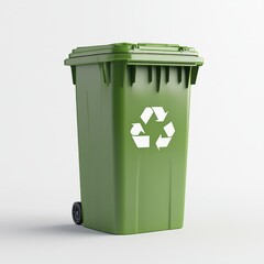 A high-quality 3D rendering of a green recycling container standing upright on a bright white studio surface. Subtle depth and accurate shadowing add realism and commercial product appeal.
