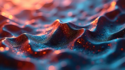 Surreal 3d abstract landscape with glowing particles, digital art, vibrant blue and orange hues, undulating textures