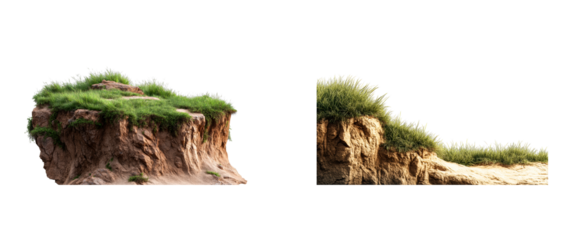 Various natural green grassy cliffs and rugged rocky terrain pieces providing versatile landscape elements for outdoor scene compositions or environmental virtual background creation.