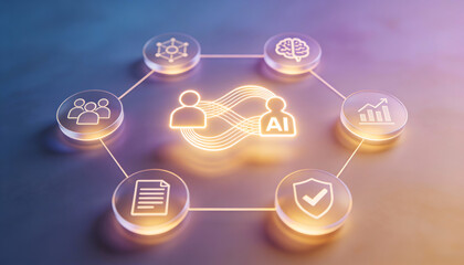 cinematic digital illustration of human and artificial intelligence collaboration showing neon connected icons for brain data growth security and communication in a futuristic web