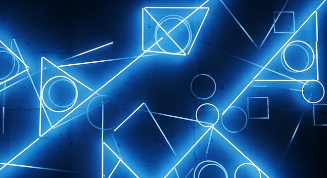 Geometric Abstraction - Neon Blue Shapes on Dark Background. - Powered by Adobe