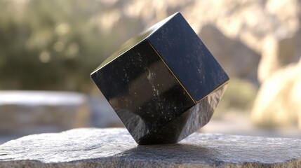 A polished dark geometric stone object with interlocking faceted shapes rests on a textured rock outdoors